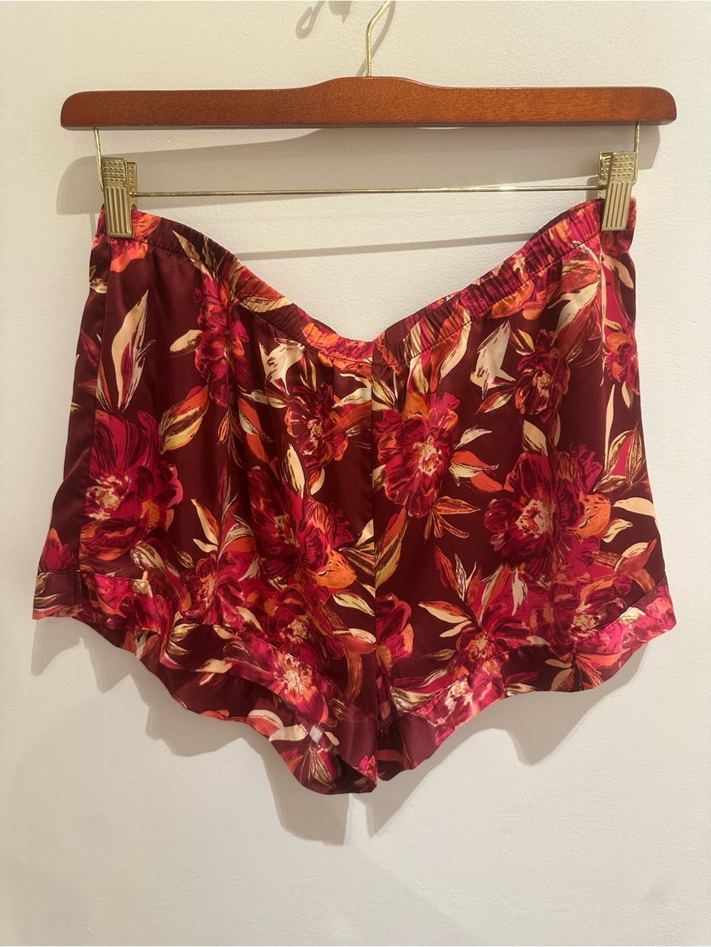 Red Burgundy Floral Satin High-Waist Shorts